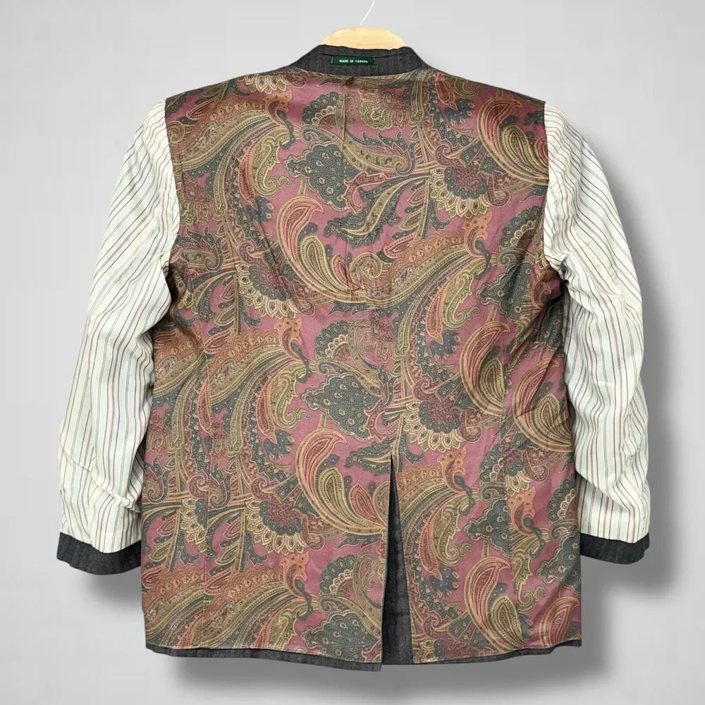 Lauren Ralph Lauren Woolmark Blazer Gray Pinstripes 40R Paisley Lined Union Made
